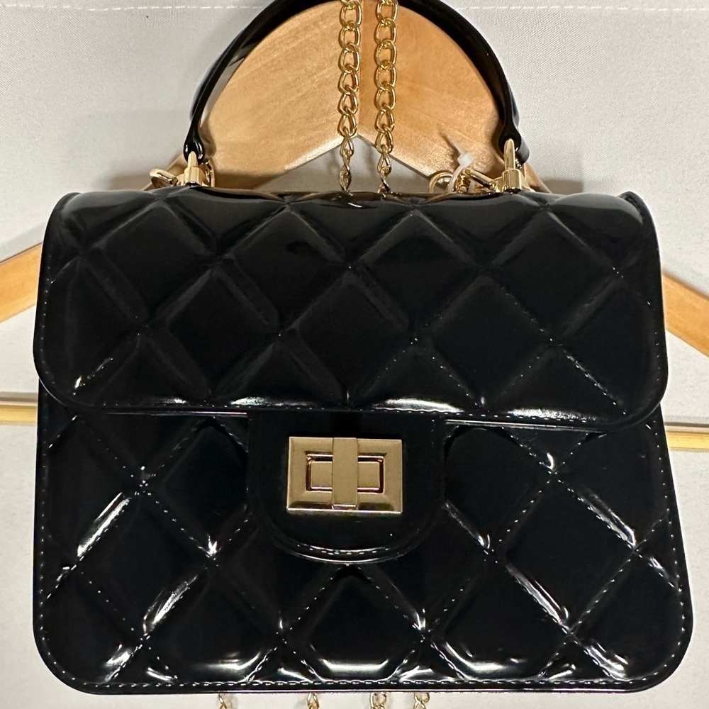 Womens Quilted Black Crossbody Bag Classic Top Handle Chain Link Faux Leather S - Picture 1 of 10